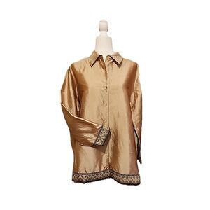 Button Up Top Embroidered Trim Silk Tunic‎ Mob Wife Chic Capsule Gold Womens 1X